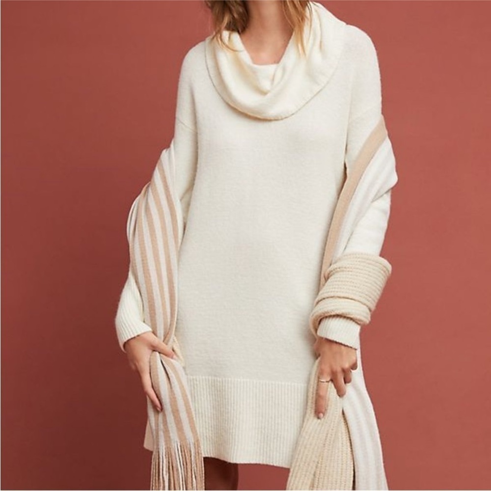 Anthropologie Sweater Dress Sonoran Cowl Neck‎ in Ivory Sz Large NEW $165